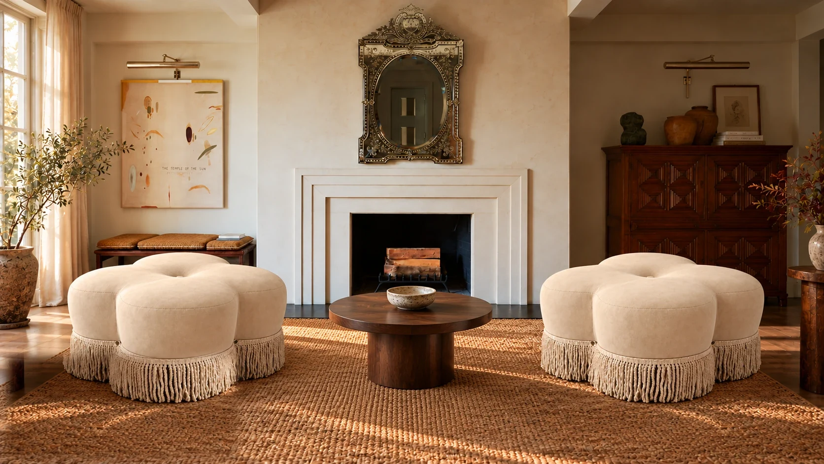 Pair of Clover ottomans with fringe trim beside a fireplace